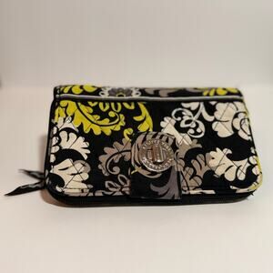 🖤 Vera Bradley Turn Lock Wallet Baroque Floral Quilted Fabric Black Yellow Gray
